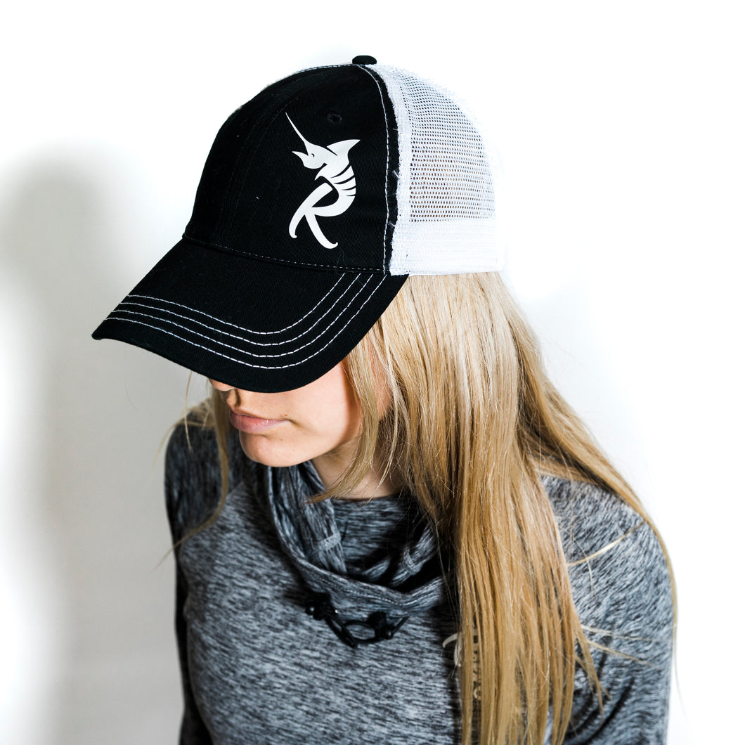 Reel Girl Distressed Hat - Black with White Mesh