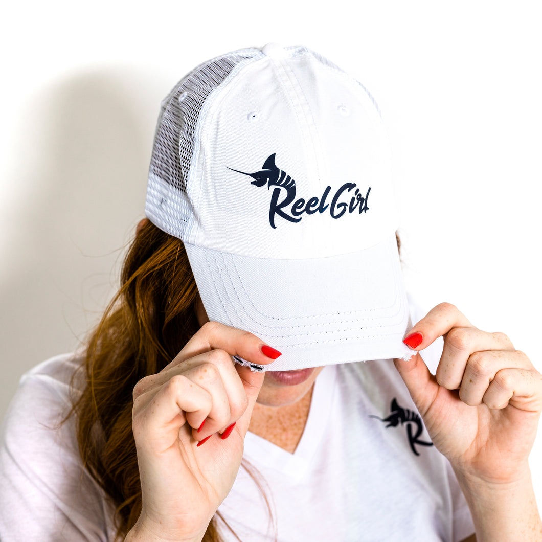Reel Girl Distressed Hat - White